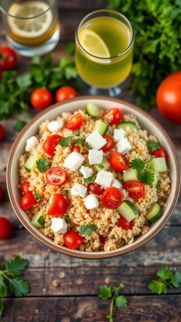 A vibrant Mediterranean quinoa salad with tomatoes, cucumbers, parsley, and feta cheese in a bowl on a wooden table.
